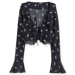 H&M Divided Black Blue Butterfly Sheer Flounce-Trimmed Chiffon Blouse Size Small
